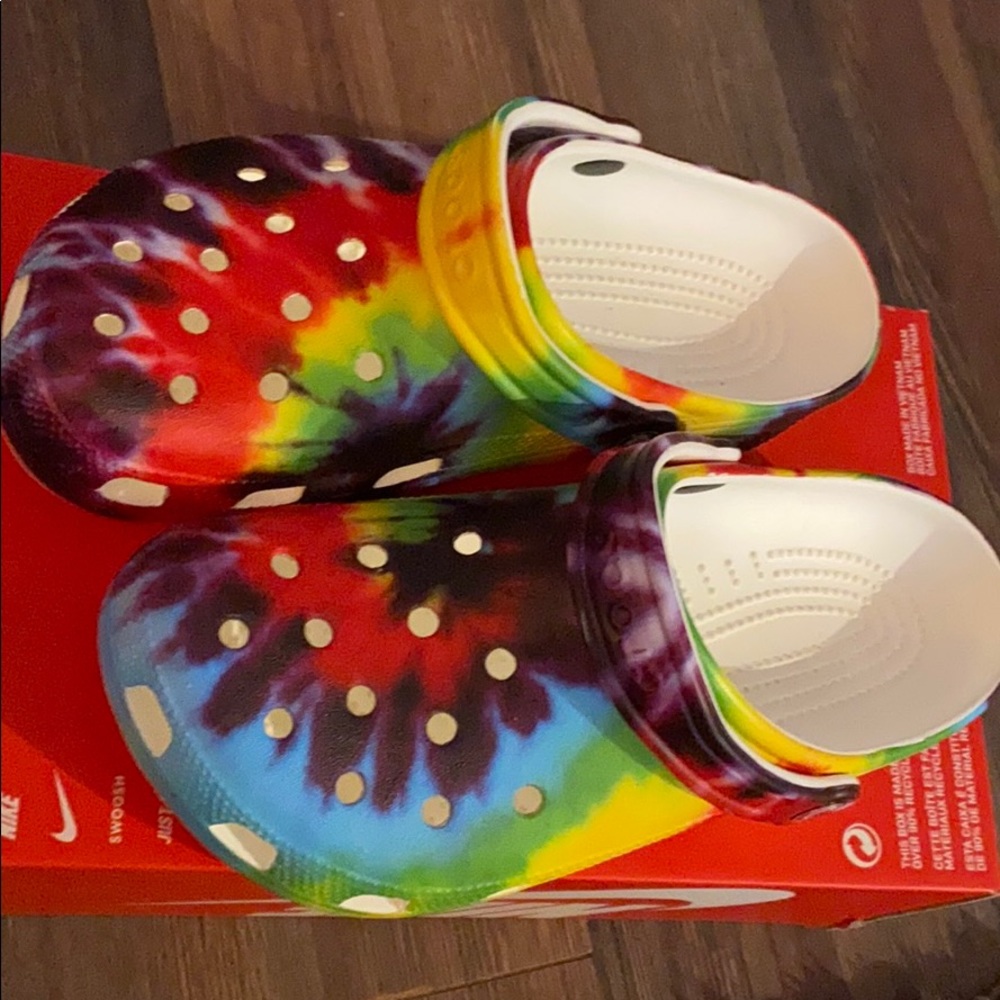 Rainbow tie dye crocs